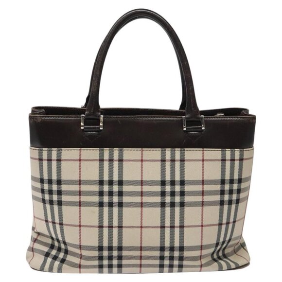 BURBERRY Nova Check Hand Bag Nylon Beige Dark Brown Silver Auth - Picture 14 of 16
